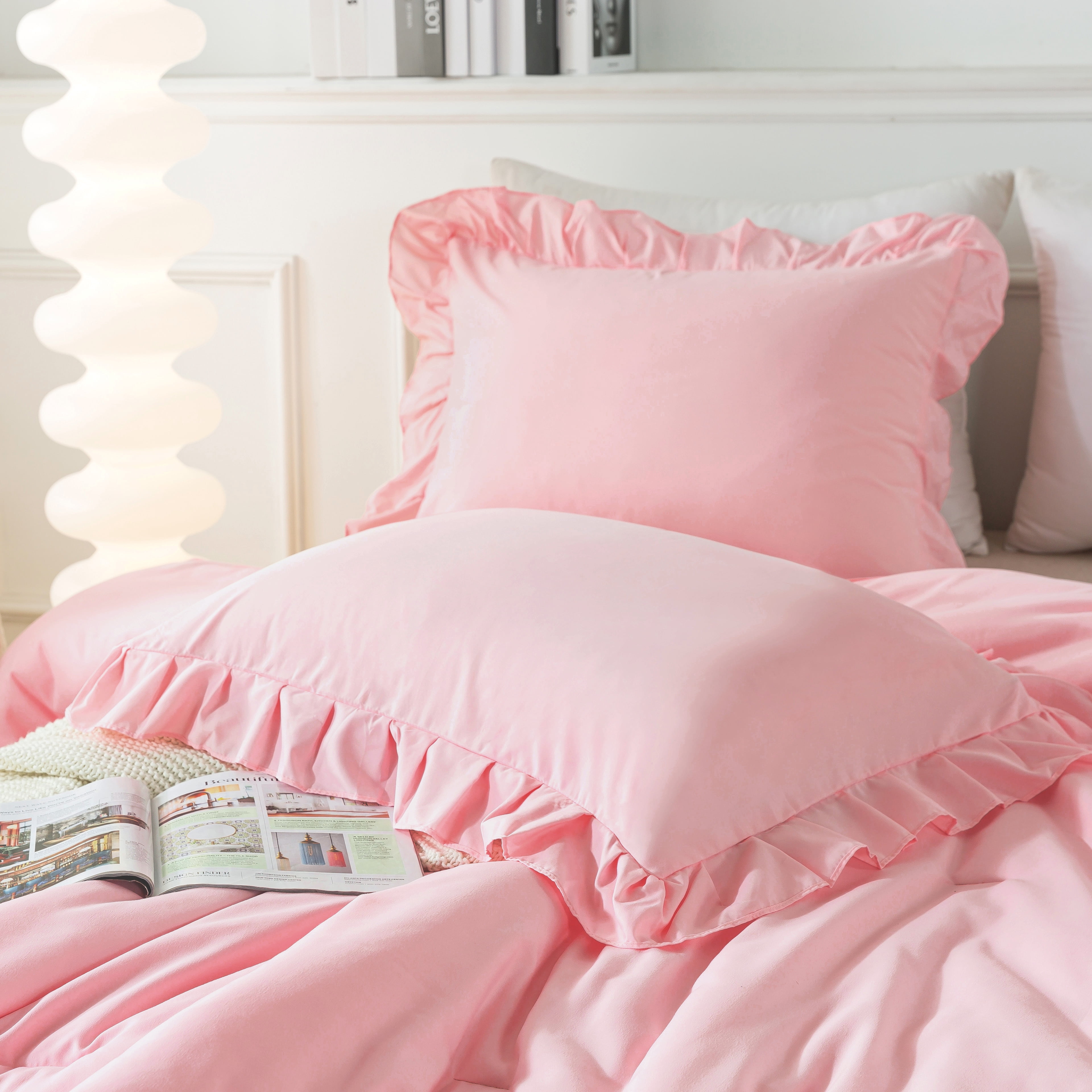 ANGENIA Pink Full Size Comforter Set, 3 Pieces Solid Farmhouse Ruffle Bedding Comforter Set, All Season Soft Lightweight Microfiber Bed Set for Women Girls