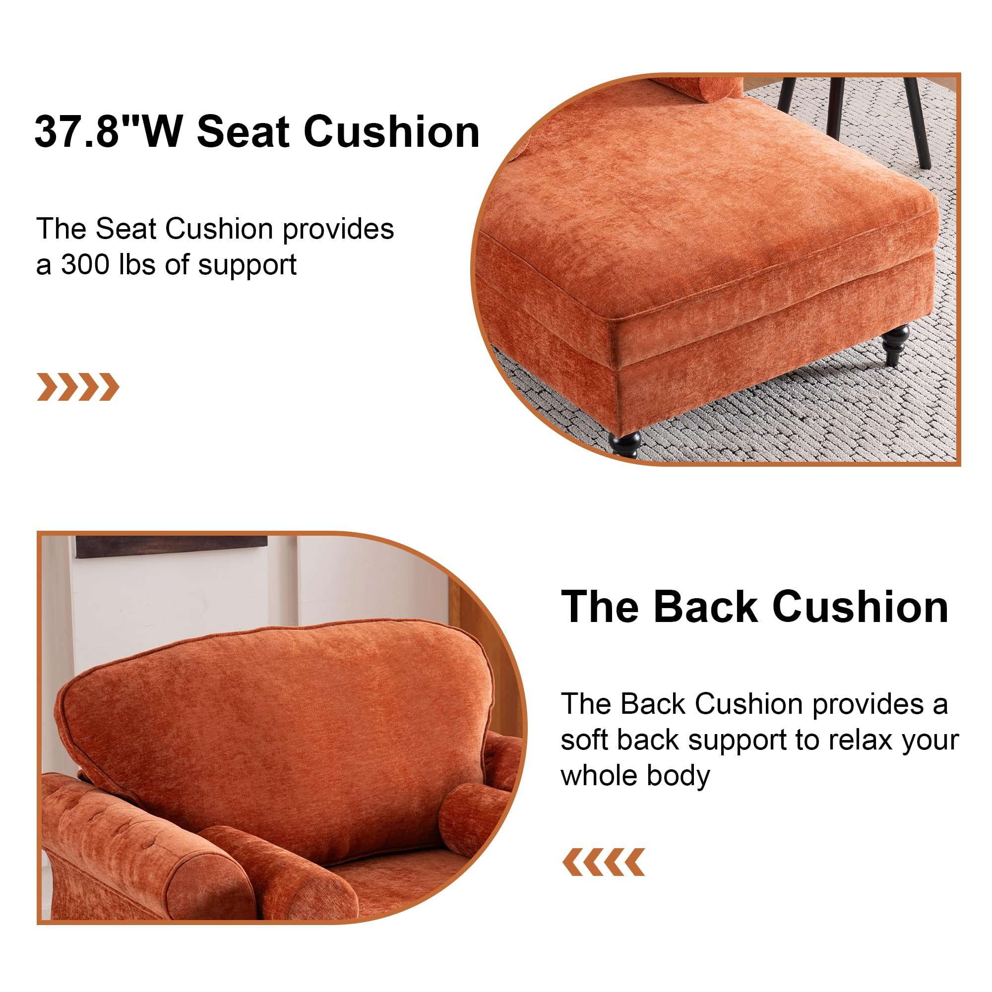 Aukfa Curved Arm Chaise Lounge Indoor Chair Oversized Mid-Century Modern Chair, 2 Pillows, Chenille, Orange