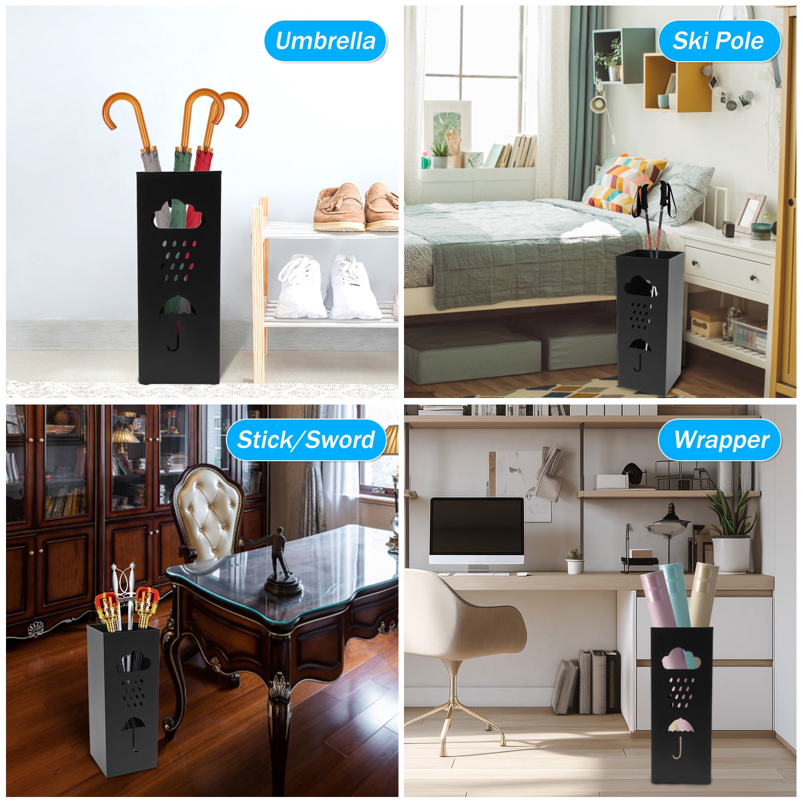 LINFANG Umbrella Stand Metal Umbrella Holder Hollowed Square Walking Cane Organizer Rack for Home Office Entryway