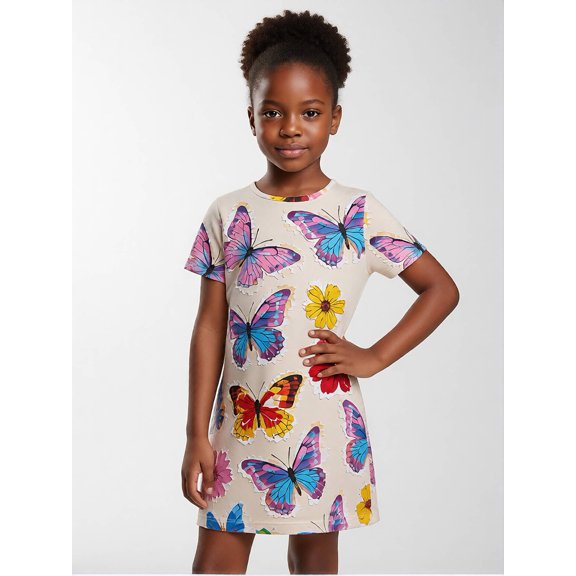 Comfortable Simple Short Sleeve Dress for Girls Regular-Fit Casual Sundress Crew Neck Dress Little Girls Age 5-10