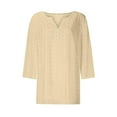 thumbnail image 3 of Women's 3/4 Sleeve V-Neck Eyelet Top 2025 - Summer Holiday Tunic Blouse | Yubnlvae | Summer Tops for Women 2025 Trendy 3/4 Sleeve V Neck Eyelet Shirts (Khaki | S), 3 of 4