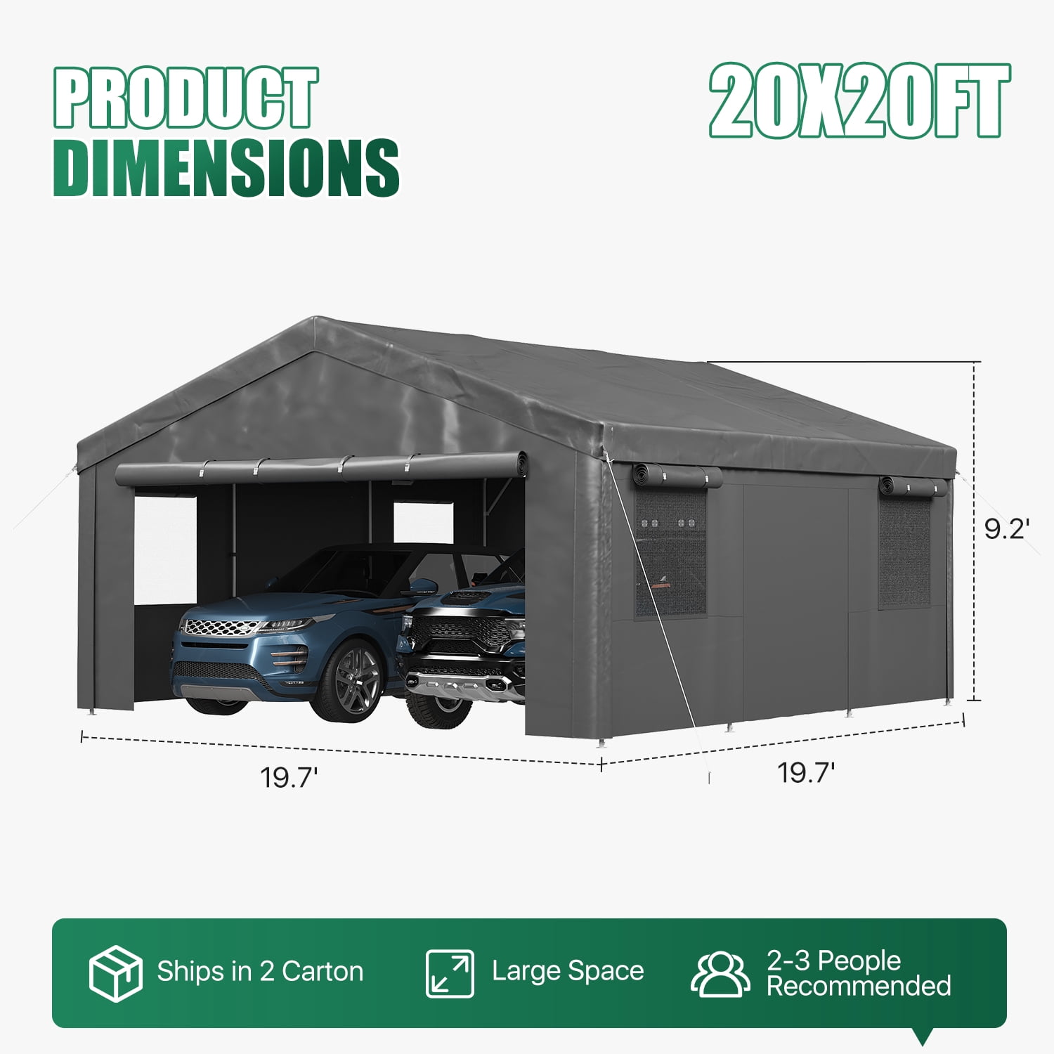 BaPiPro 20x20FT Heavy Duty Carport, Portable Garage Car Canopy with Removable Sidewalls & Roll-Up Doors, Car Shelter for Cars,Trucks and Tools Storage, Gray