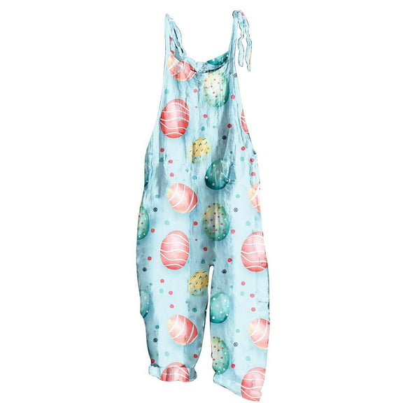 Kaemgyyd Easter Overalls for Women Summer Fashion Sleeveless Casual Jumpsuit Loose Adjustable Straps Print Romper with Pockets