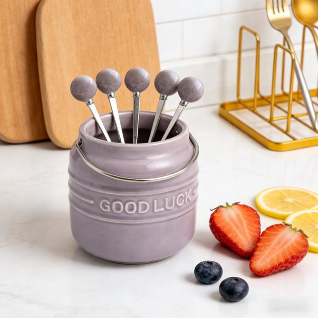 COM1950s Stainless Steel 304 Fruit Forks Set with Ceramic Storage Jar, Dessert Forks for Fruit, Appetizers, and Parties