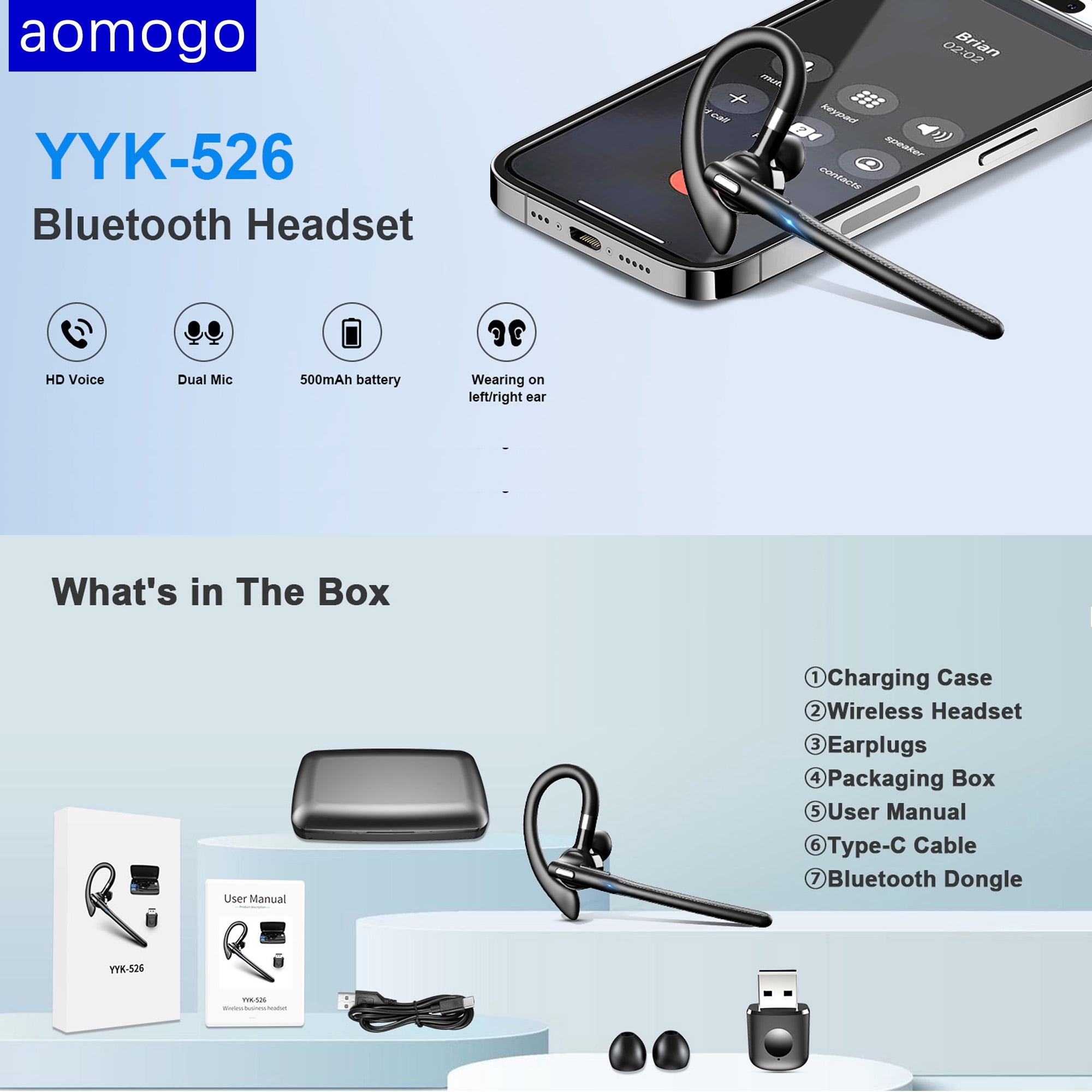 Bluetooth Headset, Wireless Earpiece with 500mAh Charging Case Hands Free Noise Canceling Headphones with Dual-Mic for Computer Cell Phones Trucker Home Office Work
