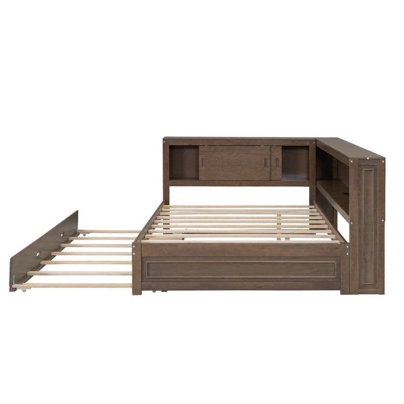 Full Size Wood Daybed with Twin Size Trundle, Storage Bed Frame with Shelves & Cabinets, Sofa Bed with LED Light and Charge Station