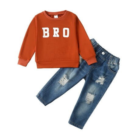 

6 Months Baby Boys Outfits 12 Months Boys 2PCS Fall Winter Outfits Set Letter Print Round Neck Long Sleeve Top Denim Pants Set Brown