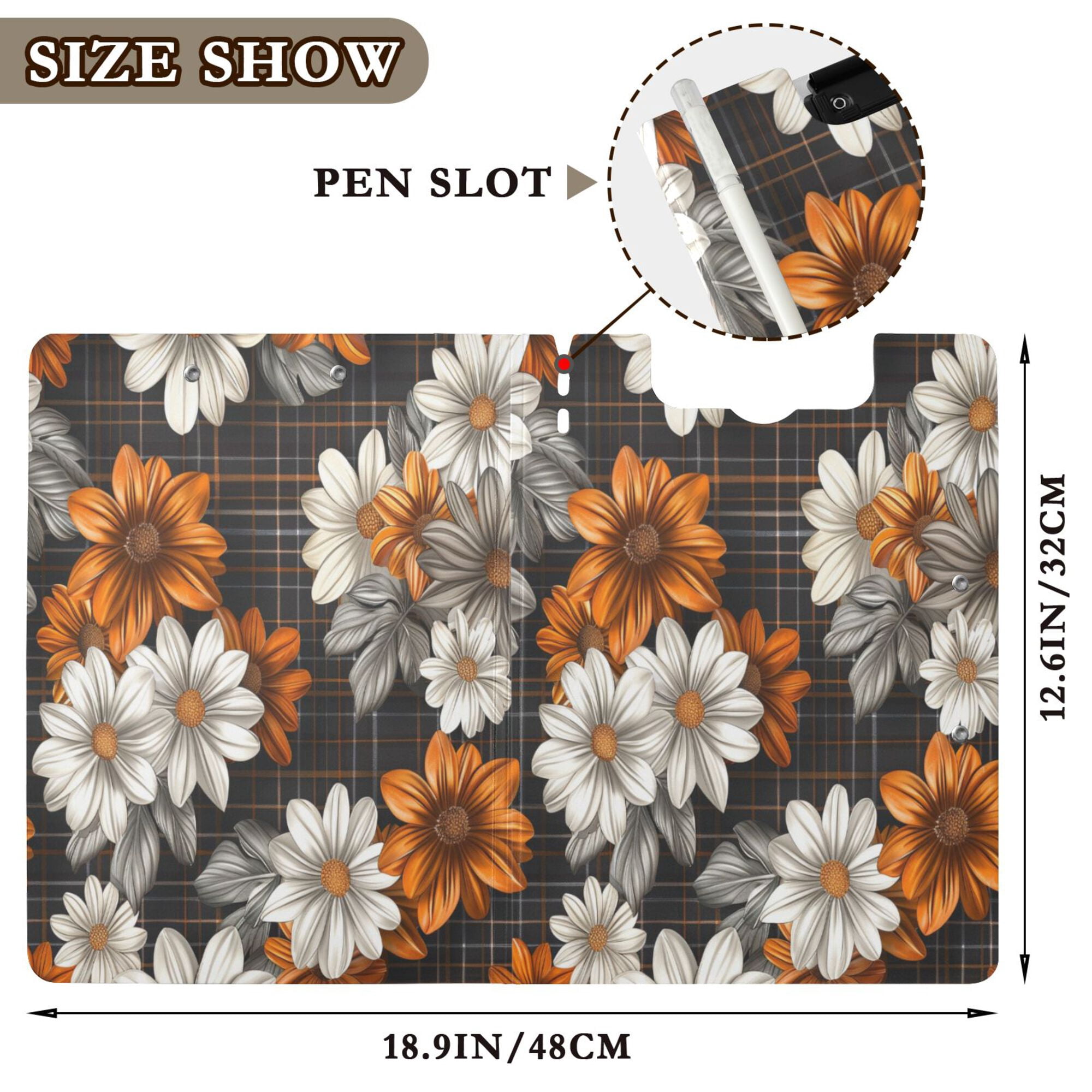 FORMRS A4 Clipboard Folder with Pen Holder Horizontal Foldable School Office Binder, Black Plaid Floral