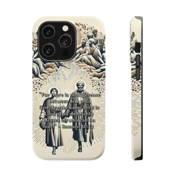 DistinctInk Tough Case for Apple iPhone 14 PRO (6.1" Screen), Compatible with MagSafe Charging - "The Inclusive Blessings: Romans 10:12 Unites All Believers"