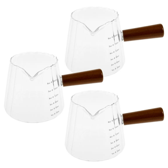 3Pcs 6oz Glass Measuring Cup with Wood Handle Clear Espresso Measuring Cup Glass Measurement Pitcher with Scale for Milk Beverage