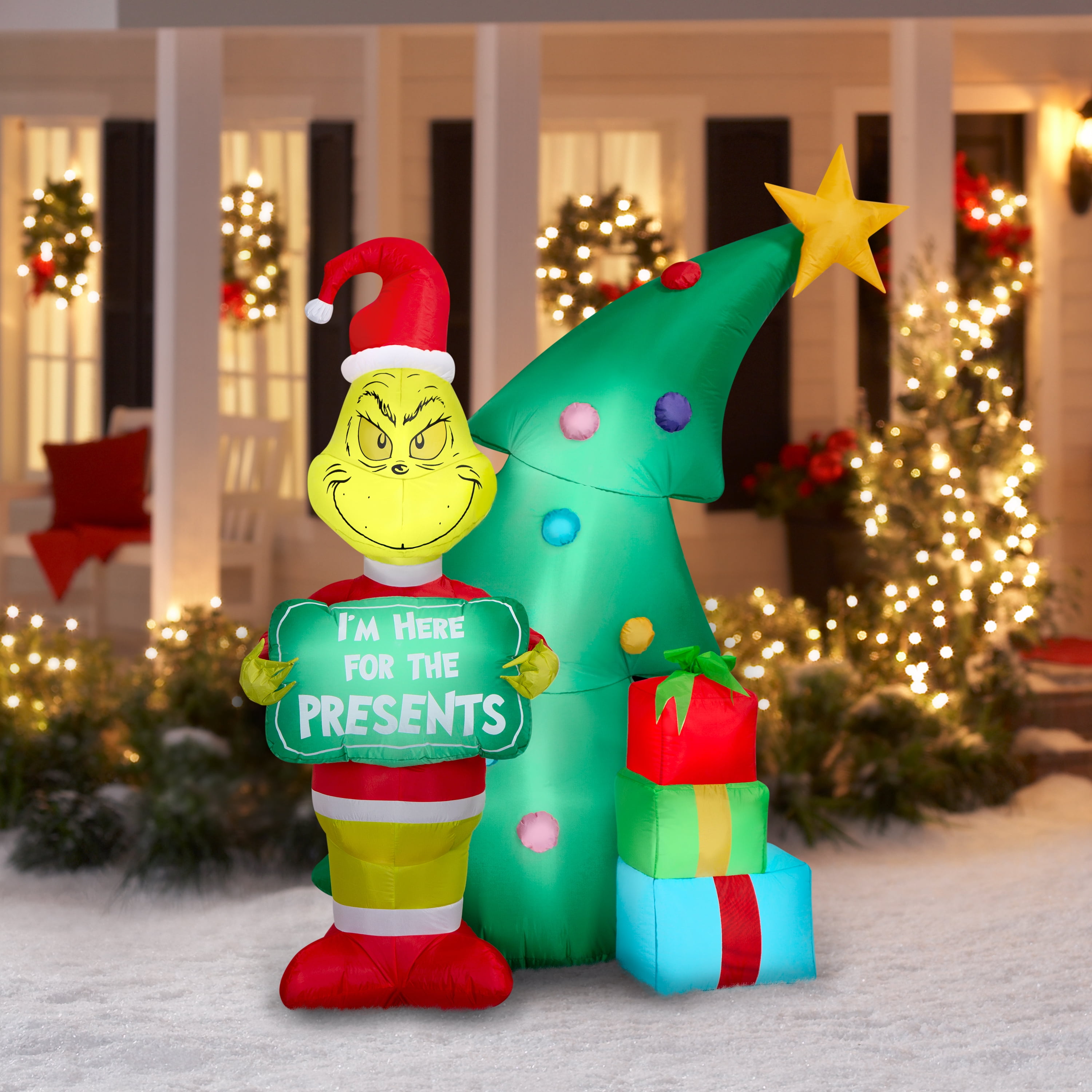 The Grinch with Christmas Tree and Gift Boxes LED Light-Up Outdoor Yard Inflatable, 6 ft