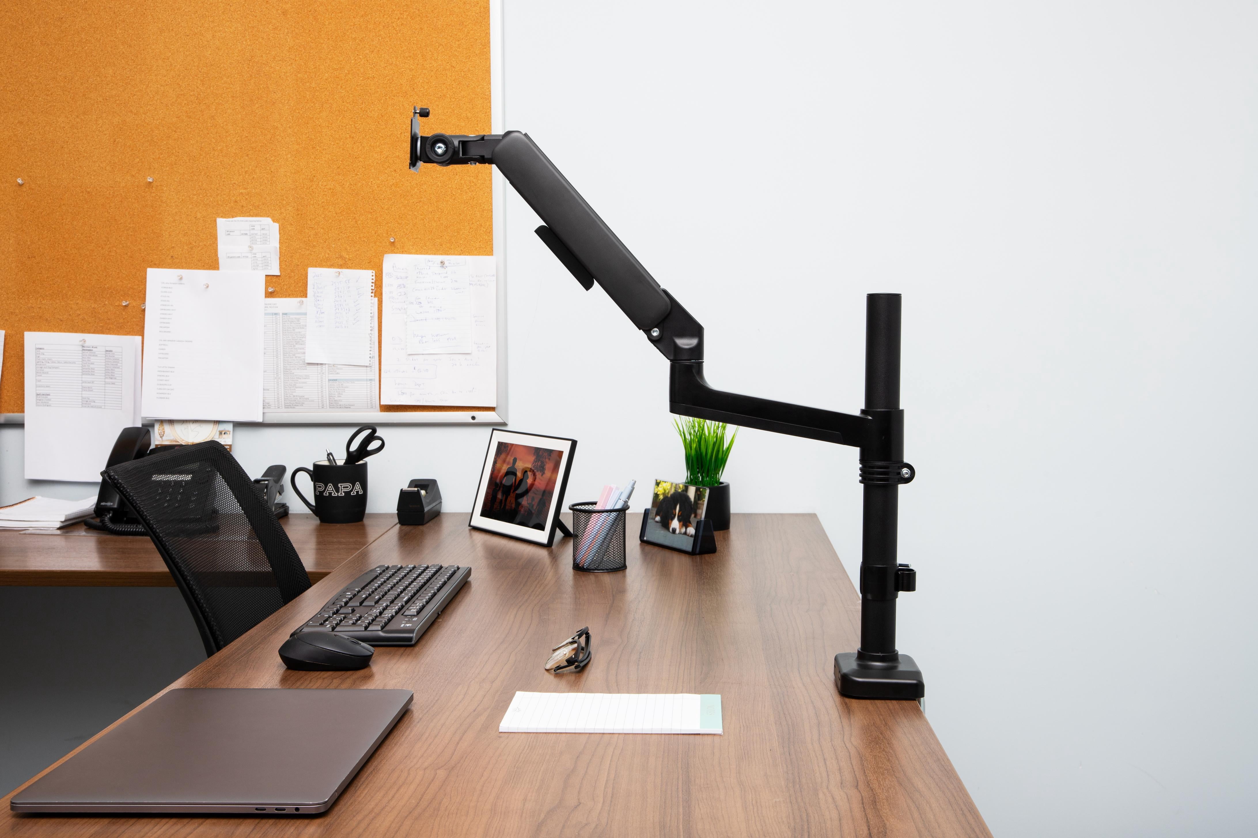 Mind Reader Single Monitor Arm for 13–32 Inch Screens, Gas Spring VESA Desk Mount, 180° Rotation, ±180° Swivel, ±65° Tilt, Holds up to 19.8 lbs, Black