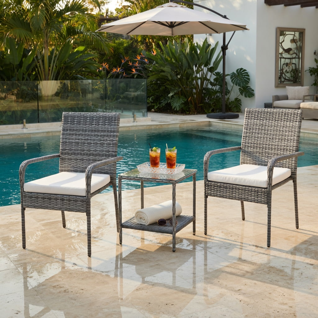 Hommoo 3-Piece Modern PE Rattan Patio Furniture Set with Cushions, Tempered Glass Tabletop, and Reinforced Metal Frame, Ideal for Balcony, Porch & Backyard, White