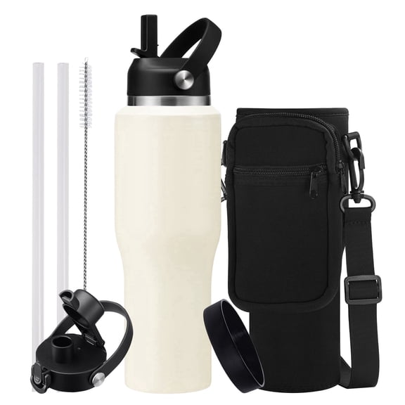 32oz Water Bottle with Carrying Case, Stainless Steel Insulated Bottle with Straw & Spout Lid, Double Wall Vacuum Tumbler Fit in Car Cup Holder for Travel Drive