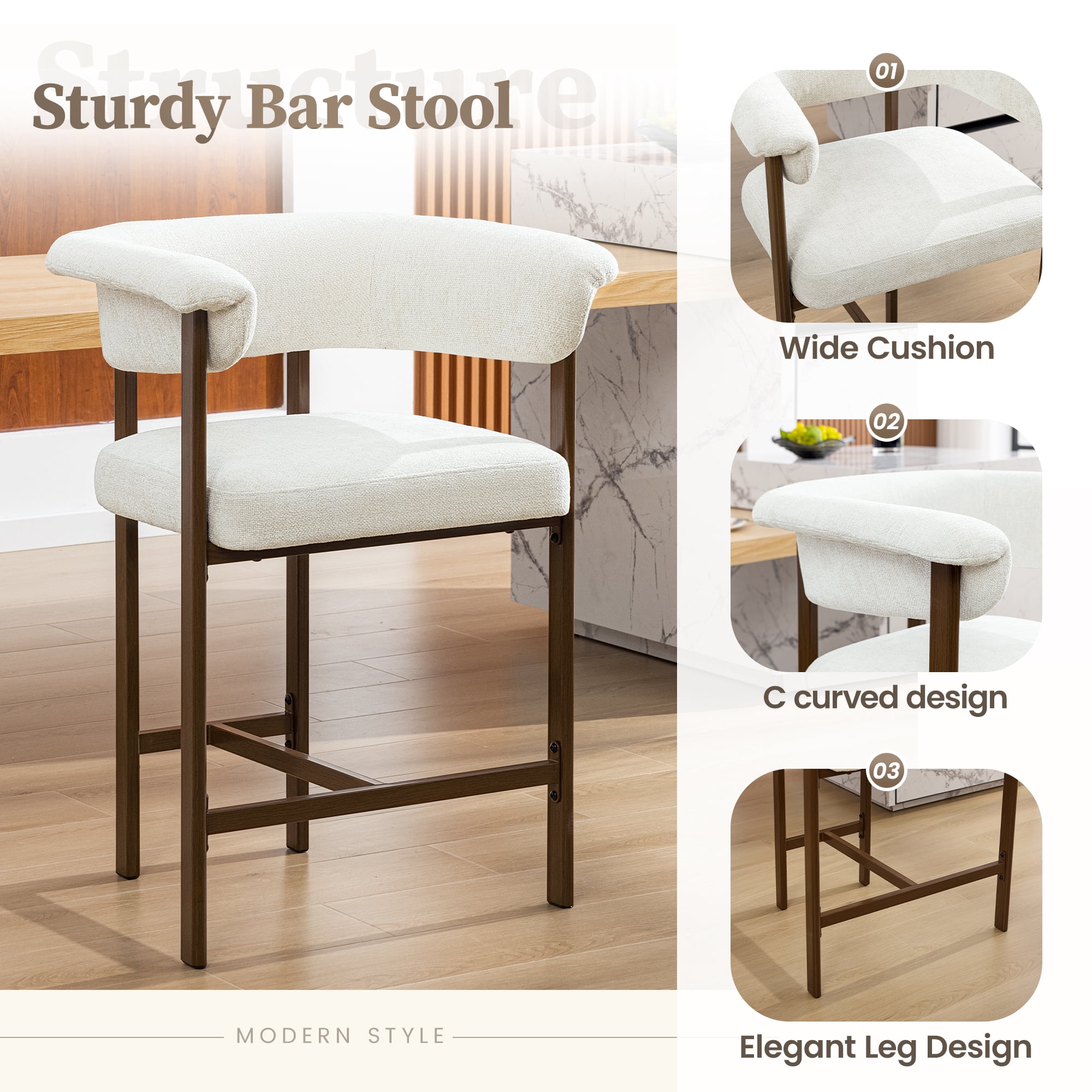 COOLHUT 26" Barrel Bar Stool Set of 3, Counter Height Bar Stool with Linen Fabric, Upholstered Barstools for Kitchen Island or Home Bar, White