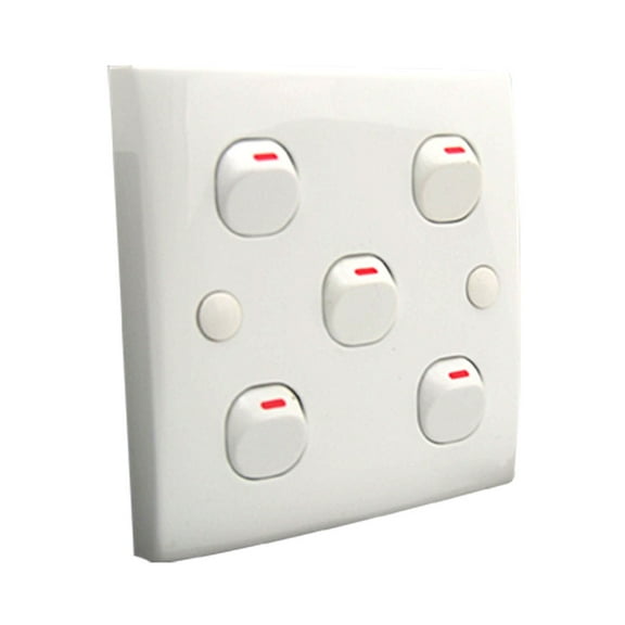 White 5 Gang Button 10A 250V Wall Mount Light Switch Plate