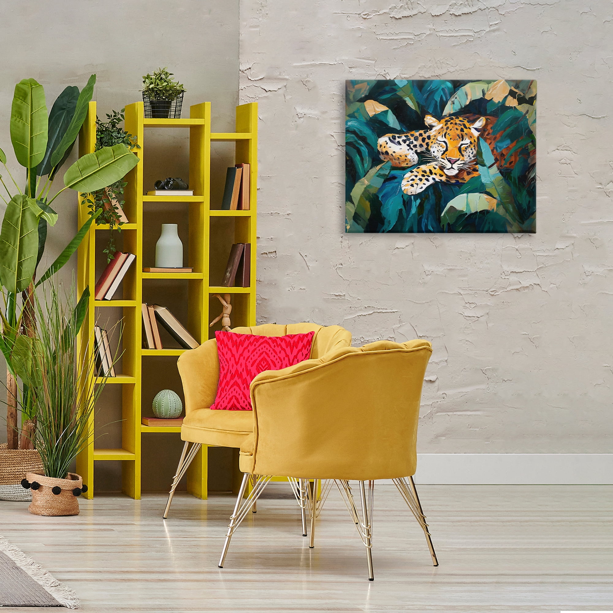 Stupell Industries Leopard Sleeping in Leaves Animals & Insects Painting Gallery Wrapped Canvas Art Print Wall Art, 30 x 24