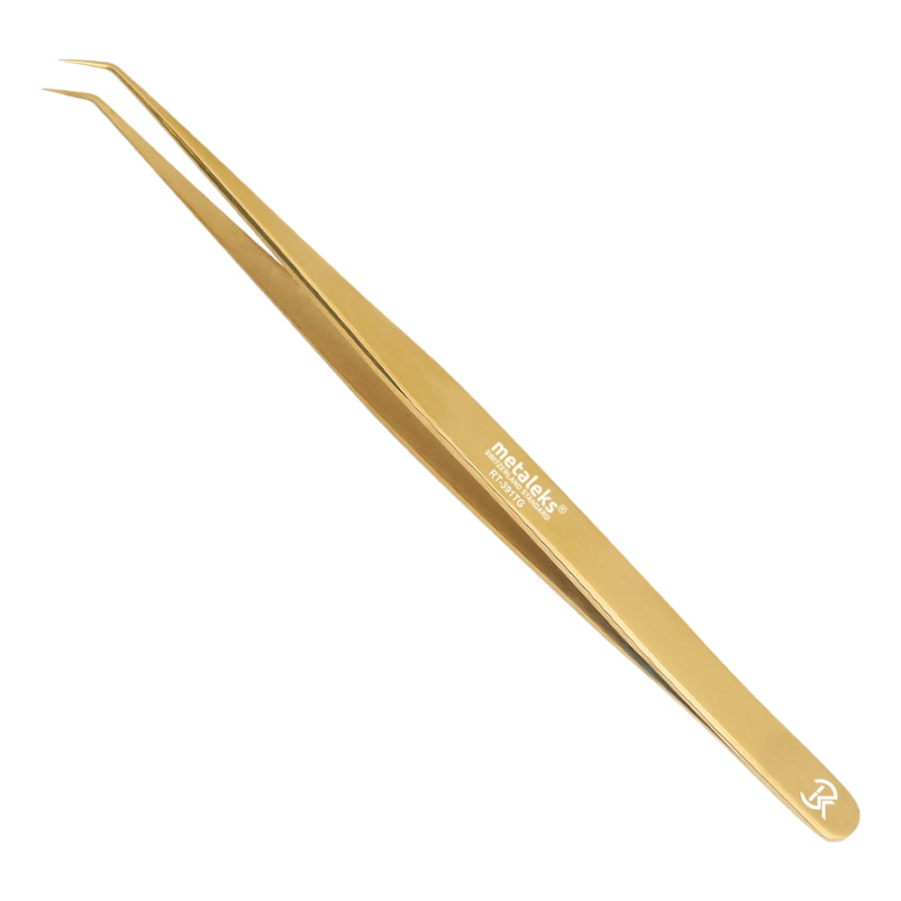 Metaleks 3Pcs Japanese Stainless Steel Tweezers for Eyelash Extension in Golden Titanium Coating with Copper Glitter Magnetic Kit