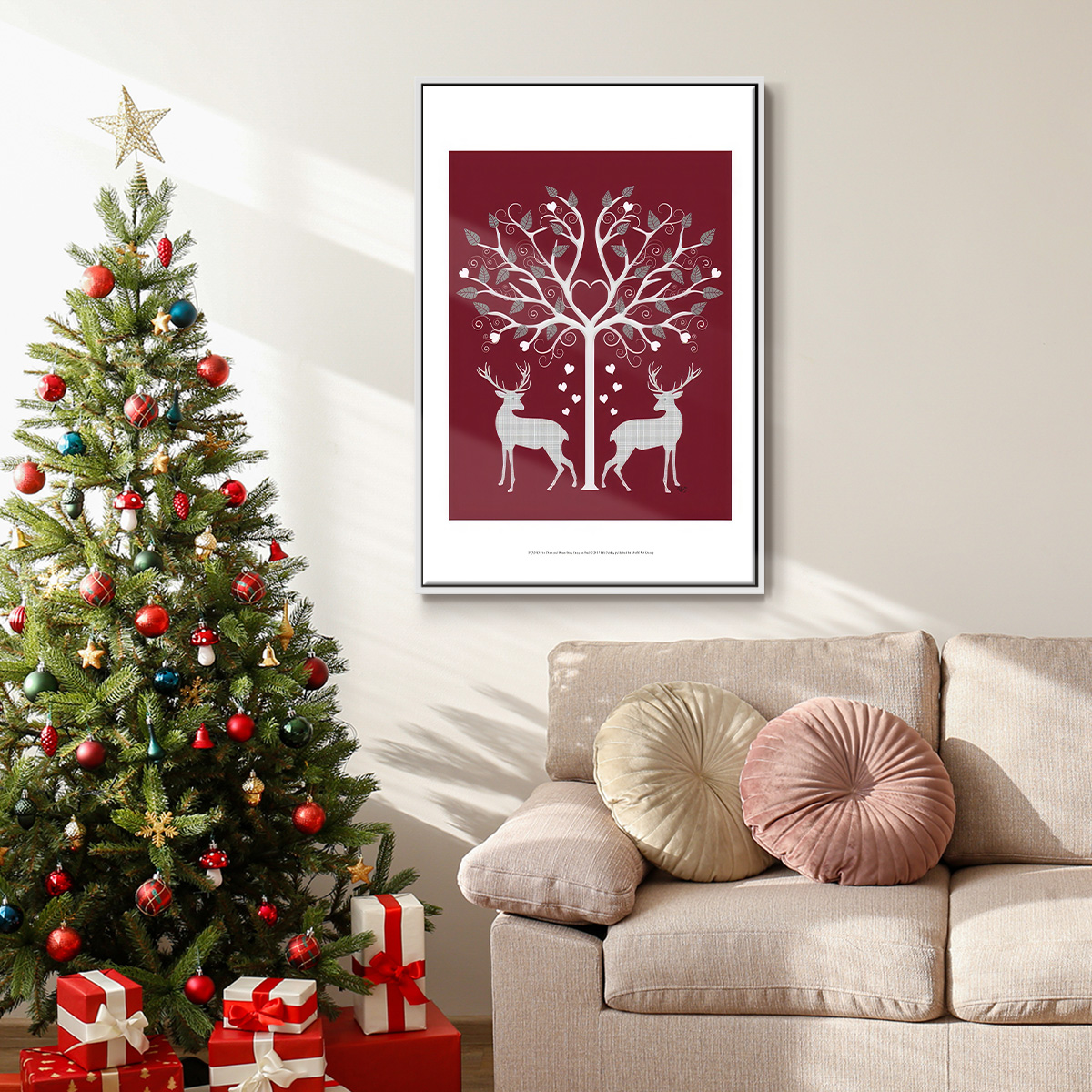 Christmas Des - Deer and Heart Tree, Grey on Red - Framed Gallery Wrapped Holiday Canvas - 25 x 37 - White Frame