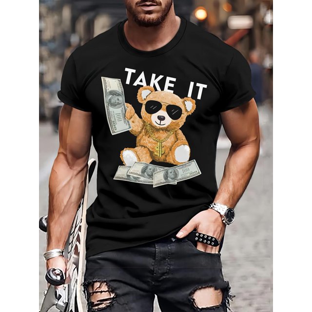 Camiseta informal de cuello redondo para hombre con estampado 3D de oso de dinero, 100 % algodón, ligeramente elástica, corte regular, manga corta. Para adultos, hombres, mujeres, adolescentes y jóven