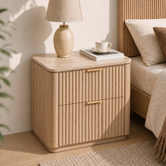 Hvoonc 2 Drawer Nightstand, 24" Tall Fluted Bedroom Bedside Table with Storage, Faux Marble Top, 2" Thick Side Panels, Natural Oak
