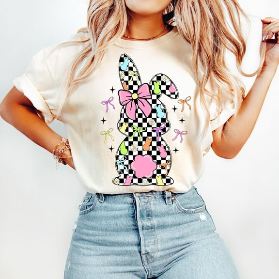 Retro Easter Bunny Coquette Shirt, Pink Easter Bow Shirt, Girls Pink Easter Tee
