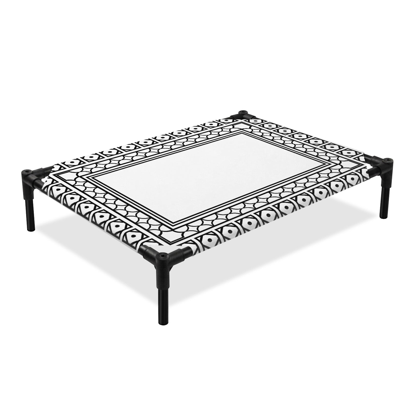 White Elevated Dog Bed Boho Diamond Pattern Border Rustic Southwestern Cooling Breathable Outdoor Raised Dog Cot Bed with Metal Frame Non-Slip Feet for Medium Dog 24x20in