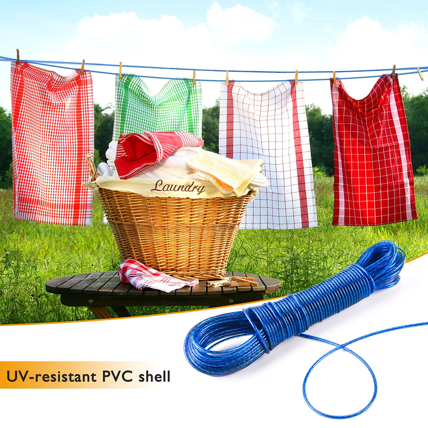 20M PVC Clothes Line Laundry Washing Line Steel Core Plastic Coated Outdoor BLUE 