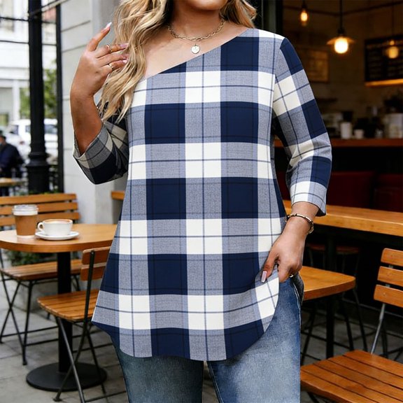 Mifsaly Plus Size One Shoulder Tops Women Plaid Tshirt Asymmetric Neck 3/4 Sleeve Summer Top Classic Print Loose Fit Tunic Oversized Shirt 2026 XXL