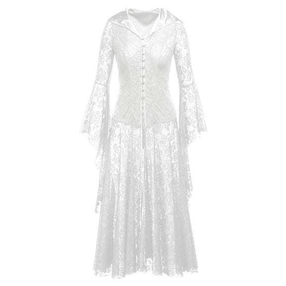 Snorda Womens Medieval Renaissance Lace Maxi Dress Long Sleeve Front Button Gothic Witch Dress Vintage Halloween Party Formal Long Dress