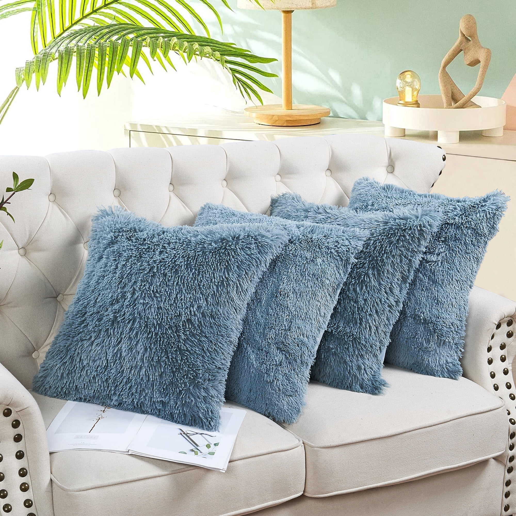 Home Soft Things Luxury Shaggy Faux Fur Throw Pillow Cases, Ultra Soft Plush Pillow Covers Fluffy Decorative Cushion Covers, No Pillow Insert, Set of 4, Silver Blue, 20x20 Inch