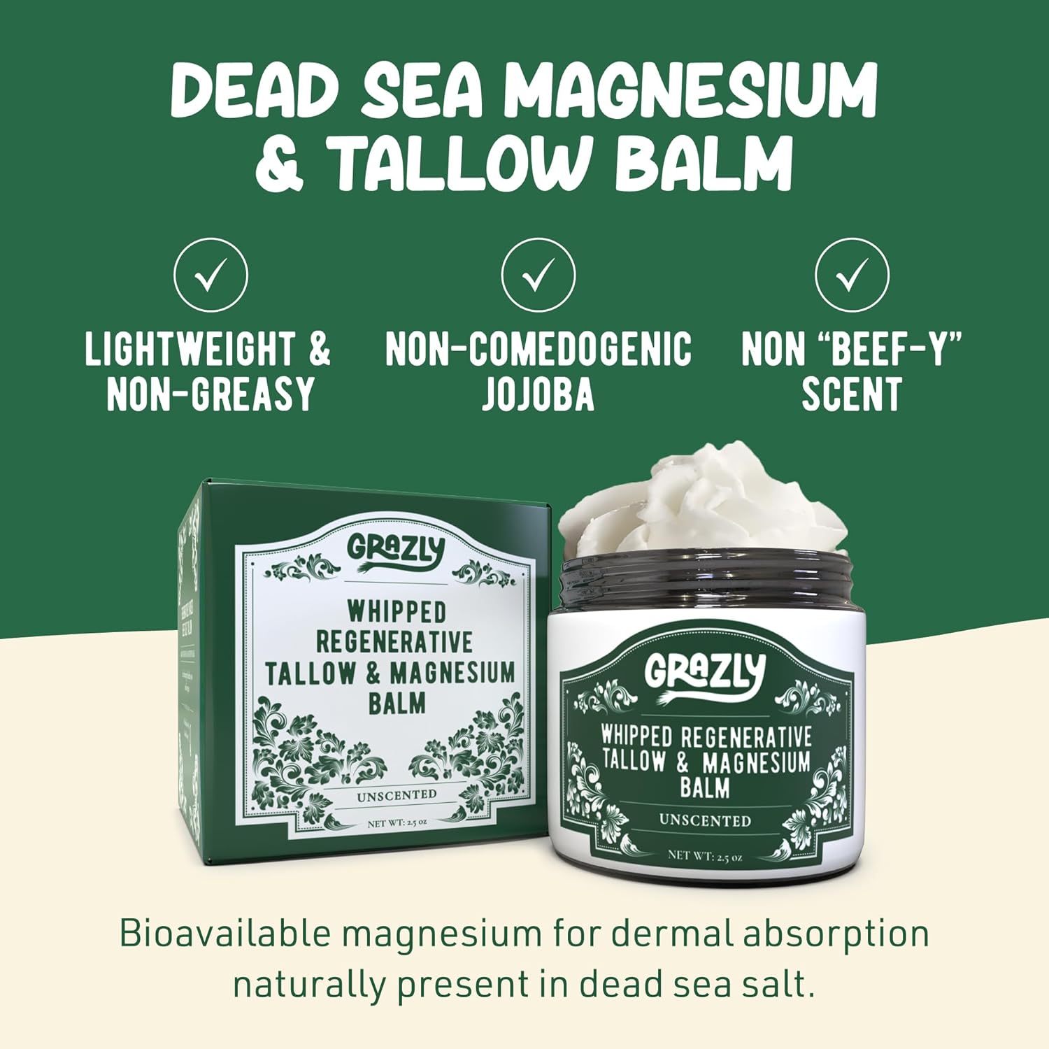 Grazly Whipped Beef Tallow for Skin w/Dead Sea Magnesium, Manuka Honey & Jojoba Oil - Grass Fed Beef Tallow Balm - Body & Face Moisturizer for Dry, Sensitive Skin - Unscented - 2.5oz