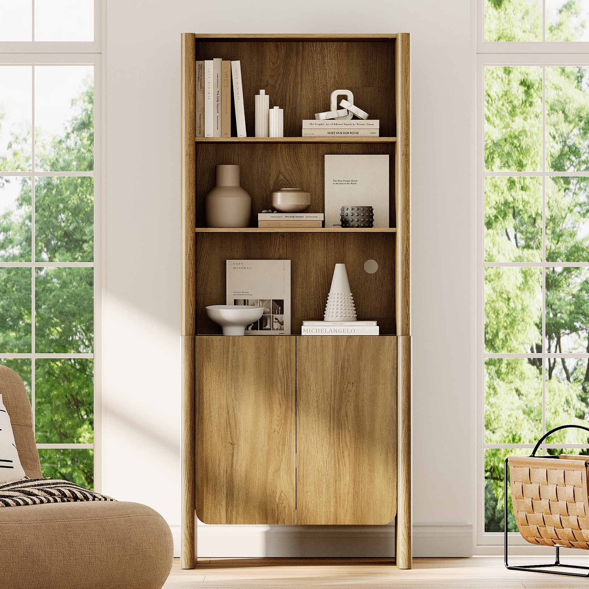 31.5-Inch Modern French Bookcase with Curved Edges, Cabinet Doors and Open Shelves, 72.8" Tall, Walnut