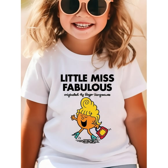 Girls Short-Sleeve T-Shirts Little Miss Fabulous Cartoon Printed Tee for Girls, Casual Crew Neck Short Sleeve T-Shirt, Polyester Elastane Knit Top, Comfortable Slight Stretch Summer Wear for Ages 1-8