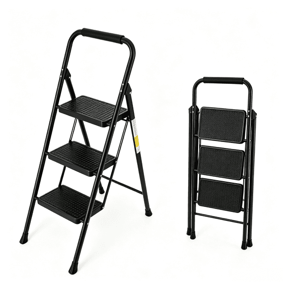 Takira 3 Step Ladder,Folding Step Stool with Wide Anti-Slip Pedal & Convenient Handrail,Multi-Use for Home & Office,Black.