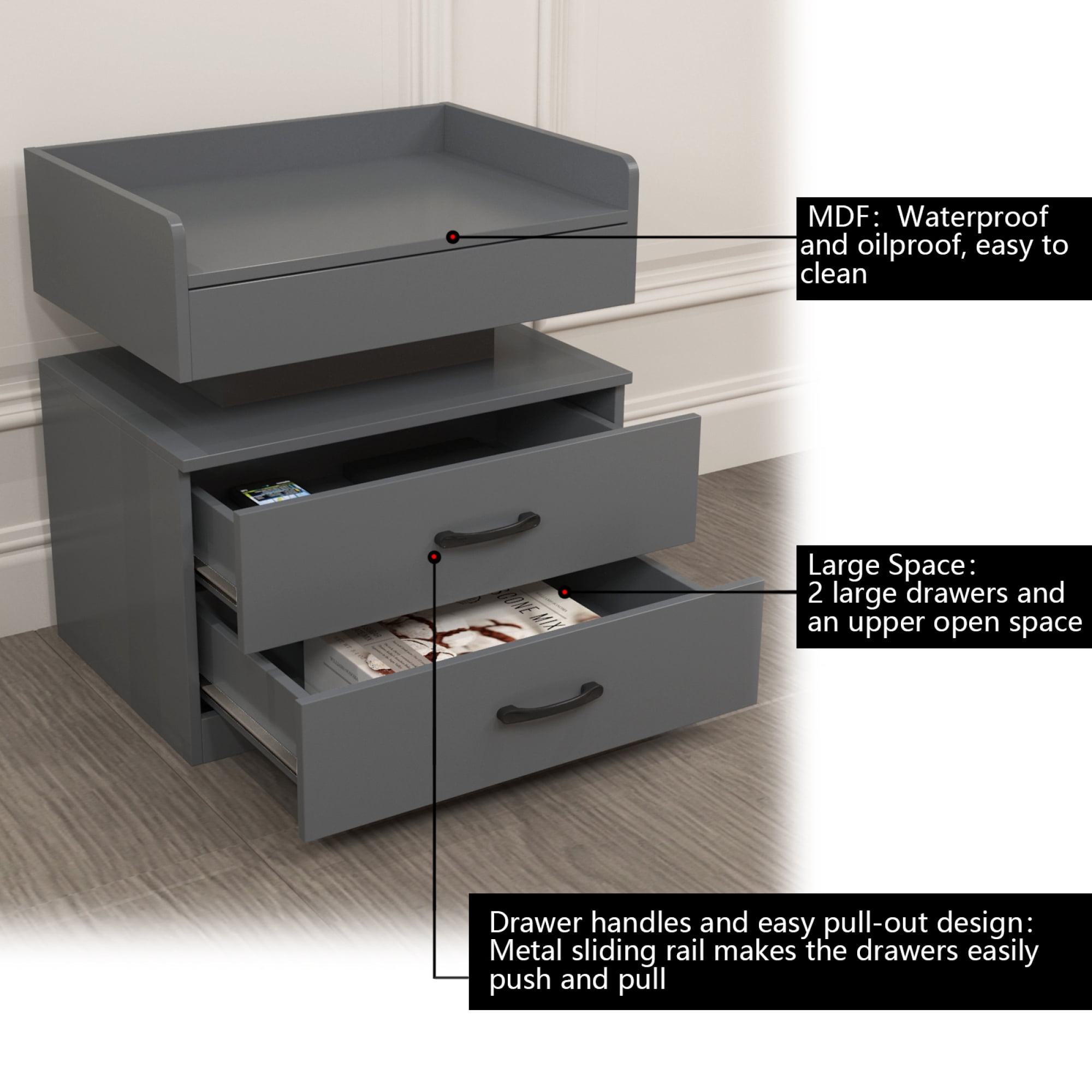 Leumius Nightstand with Adjustable LED & 2-Drawers,Modern Bedside Table, Coffee Table,Sofa Side Table,End Table for Bedroom Living Room,Grey
