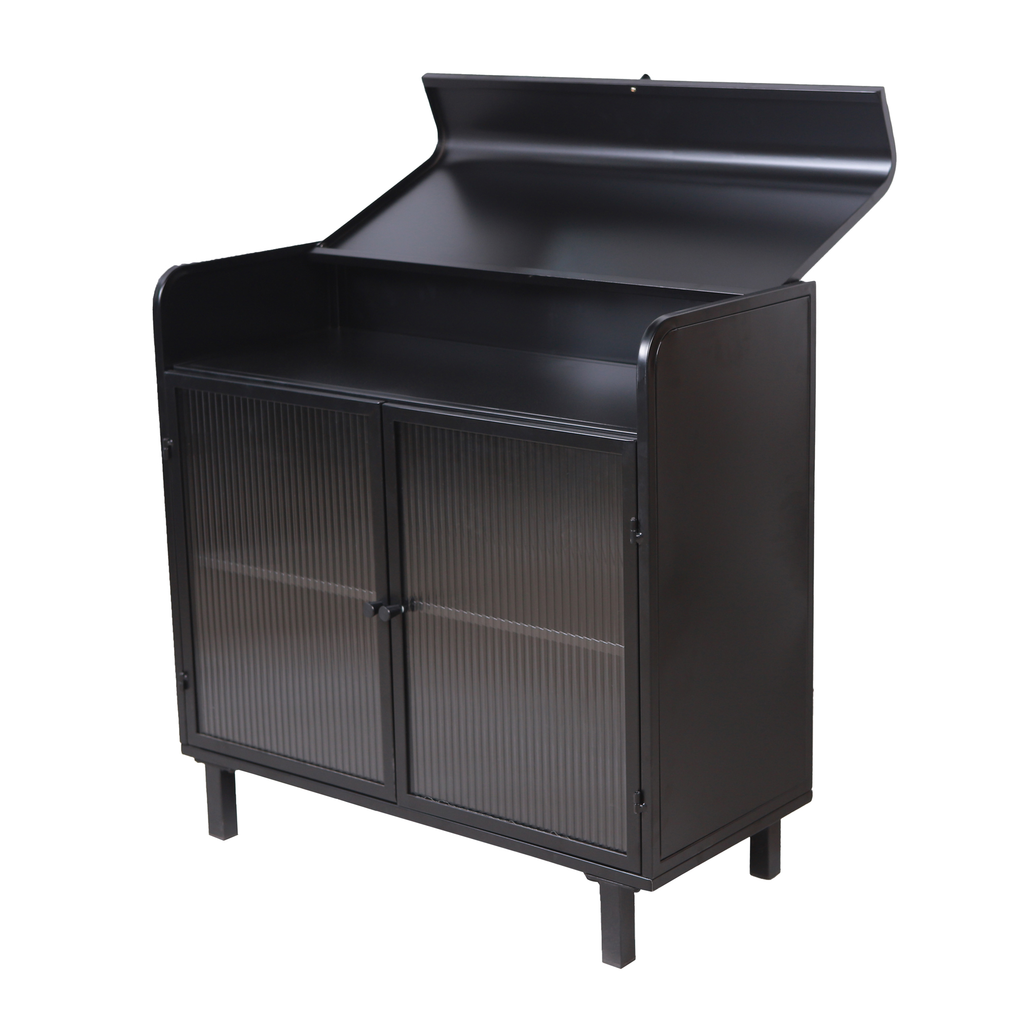 Leumius Modern Sideboard Buffet Cabinet with Tempered Figured Glass Doors, Flip Top, Inner Shelves, Metal Frame Storage Console for Dining Room, Kitchen, Living Room & Entryway (Black)