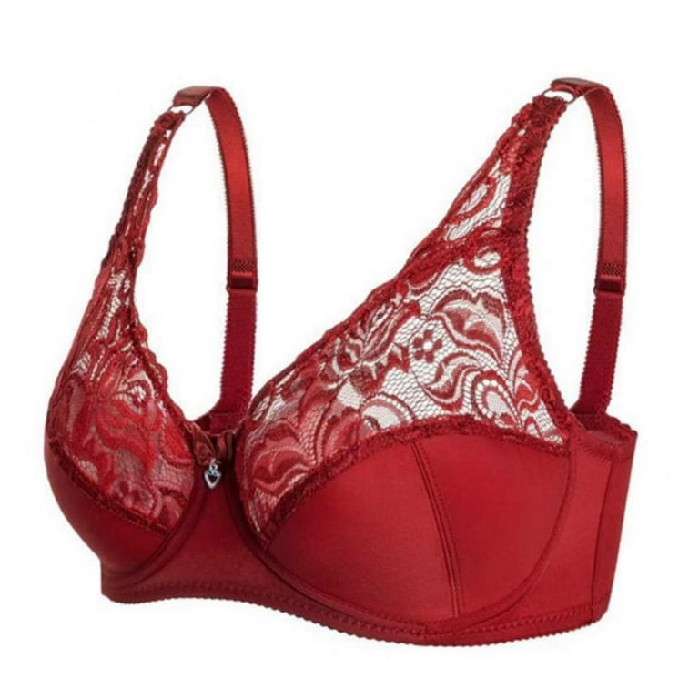 Women's Scalloped Lace Bra Embroidery Floral Bralette Underwire Minimizer  Bras Unlined 3/4 Cups Bra Non-Padded Plus Size Sexy Push up Brassiere  Lingerie(Red,38/85D) 