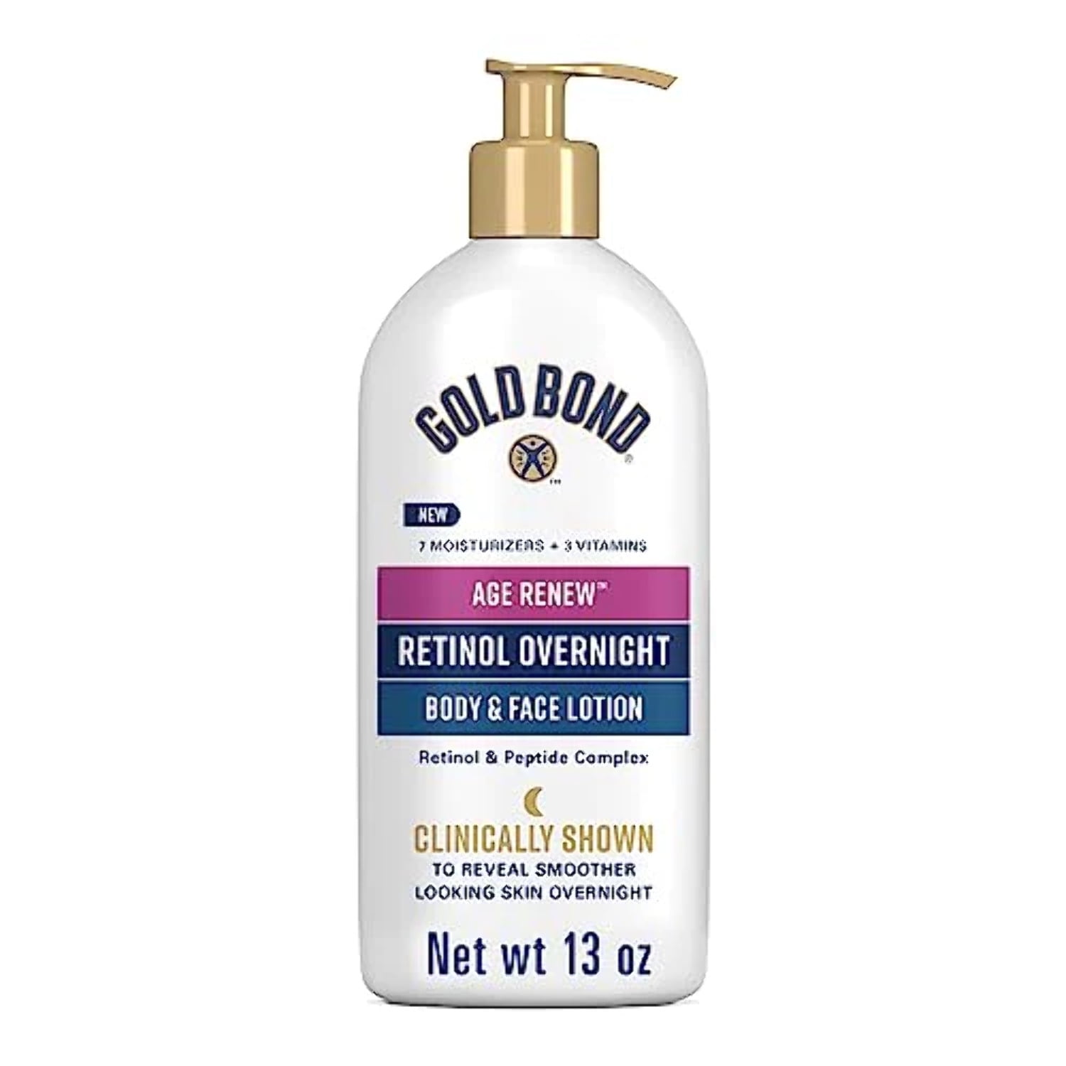 Gold Bond Age Renew Retinol Overnight Body & Face Lotion, 13 Oz, Anti-Aging Moisturizer for Visibly Plumper, Smoother Skin, 24-HR Hydration, Non-Irritating, Non-Greasy, Dermatologist-Tested Unscented