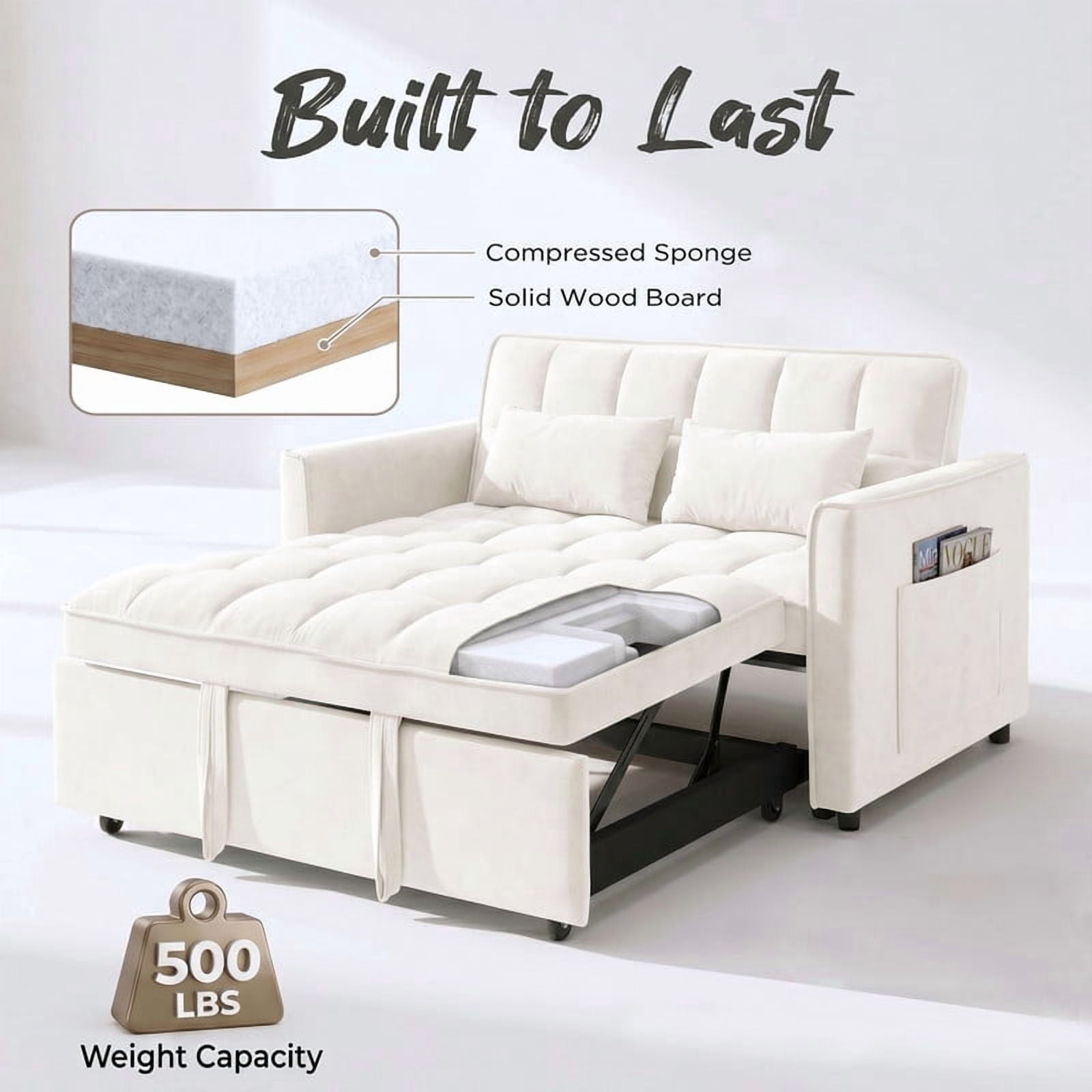 Gewnee 55" Sofa Bed, Convertible Sleeper Sofa & Pull Out Couch, 3-in-1 Velvet Loveseat with Adjustable Backrest and Storage Pocket, Beige
