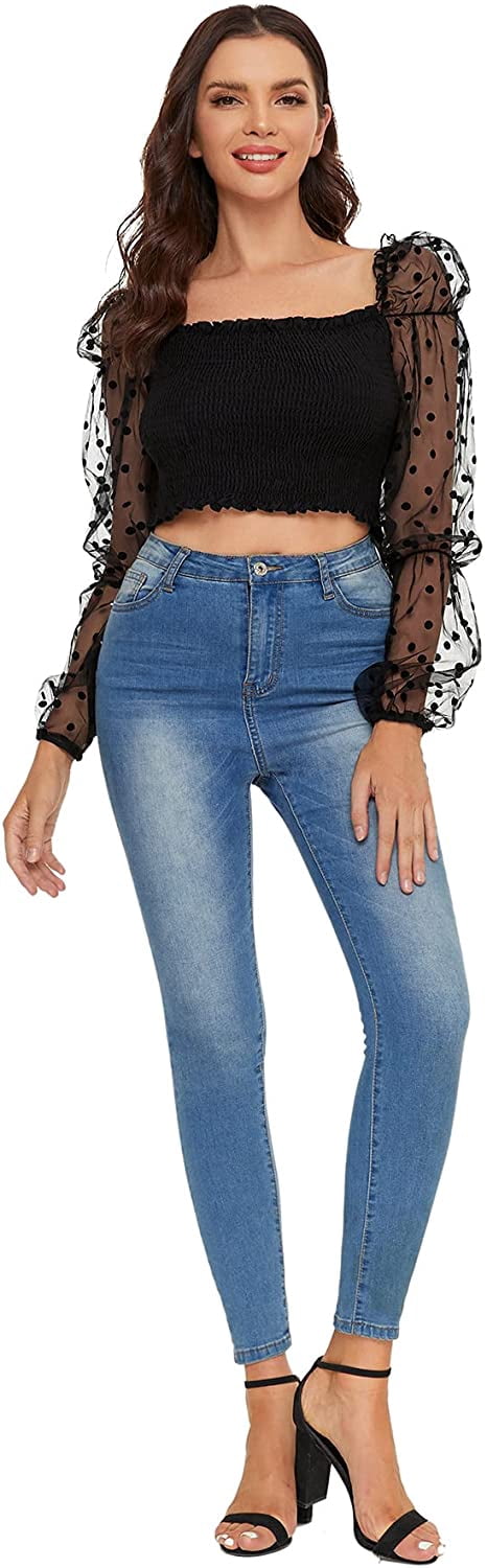 Women's Contrast Dobby Mesh Puff Sleeve 