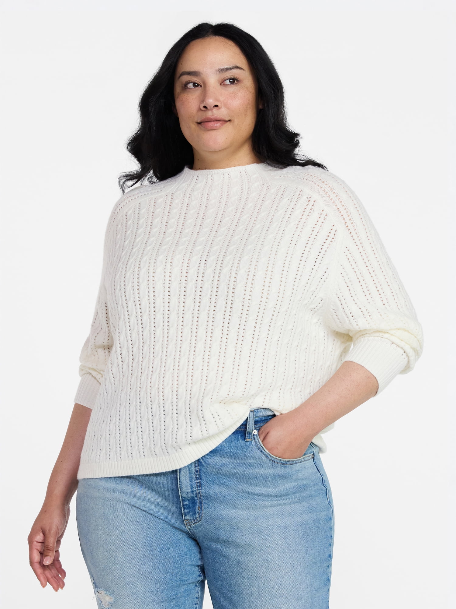 Time and Tru Women's Pointelle Mock Neck Pullover Sweater with Long Sleeves, Lightweight, Sizes XS-XXXL