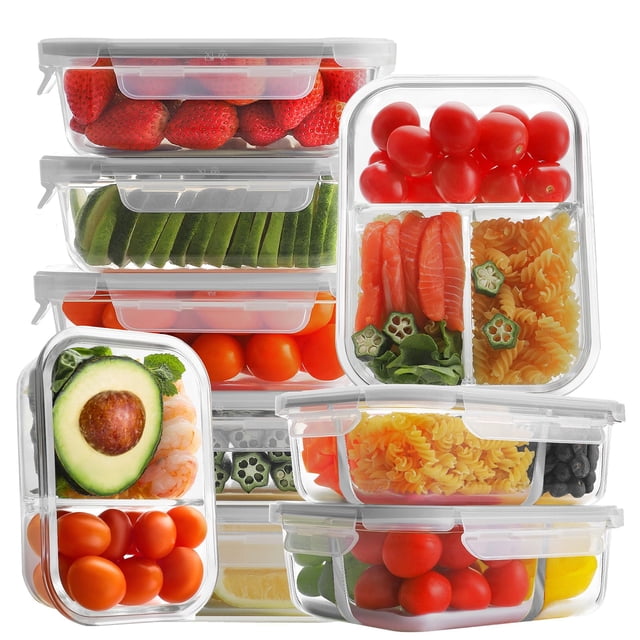 Paquete de 9 recipientes de vidrio para preparación de comidas de Bayco con tapas, herméticos