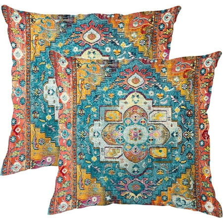 

Pack of 2 Pillow Covers 16x16 Inch Vintage Turkish Boho Decorative Throw Pillow Covers for Home Decor Living Room Bed Couch Orange Blue Boho Pillowcase Set of 2