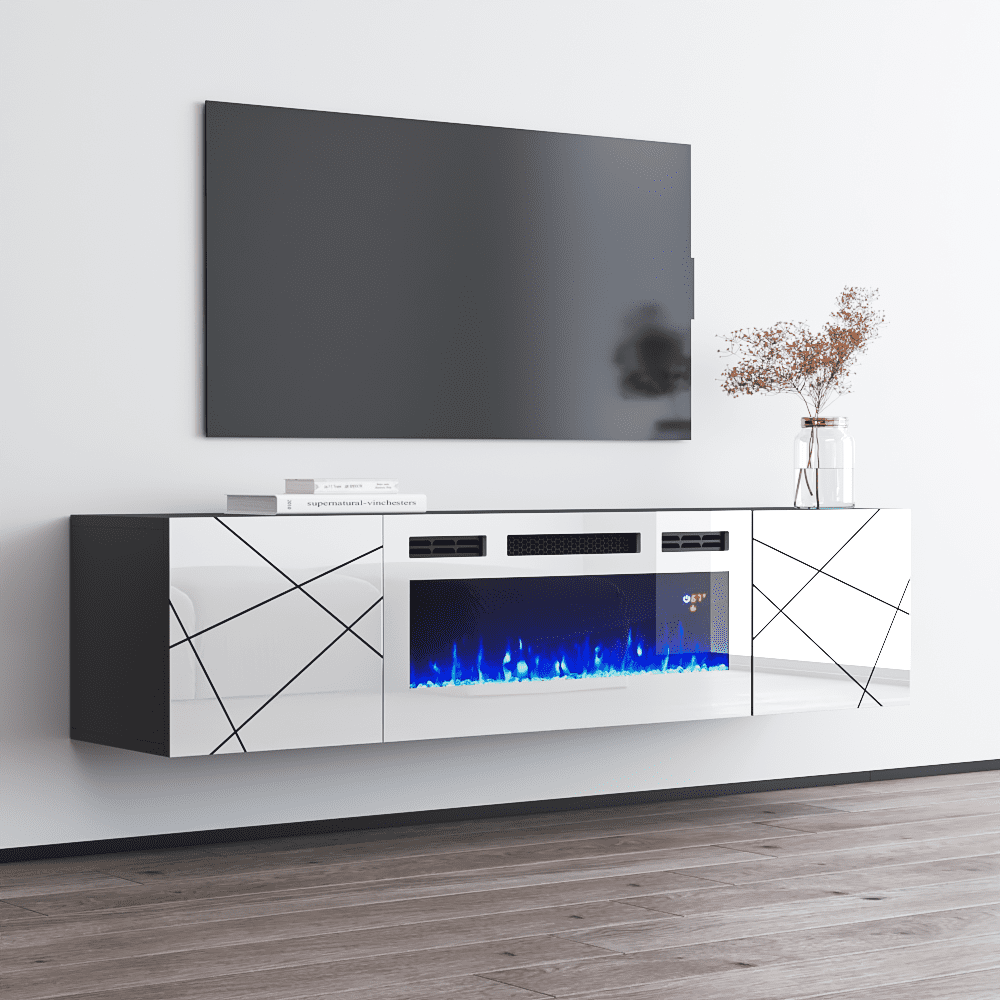 London WH-EF Fireplace TV Stand for TVs up to 70", Modern High Gloss 63" Entertainment Center, Electric Fireplace TV Media Console with Storage Cabinets