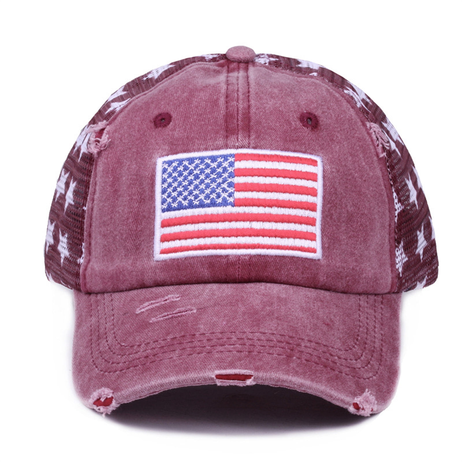 Outdoor American Flag, Black Iron on Patch, 28 in Vintage Washed Sun Hat, Fourth of July Accessories, Maroon, Distressed Finish, 1 Pc
