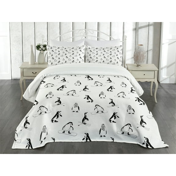 Ambesonne Penguin Quilted Bedspread Set 3 Pcs, Skiing Penguins in Scarves, Queen Size, White Black
