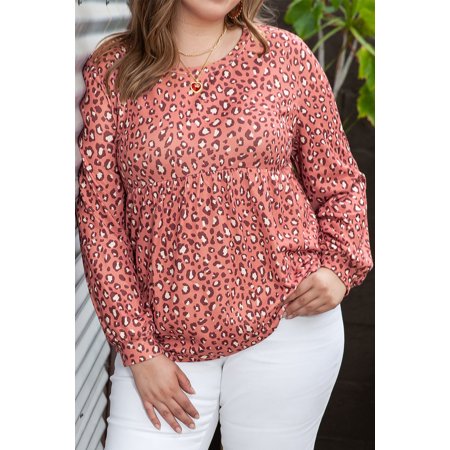 Leopard Print Long Sleeve Ruffled Babydoll Plus Size Blouse