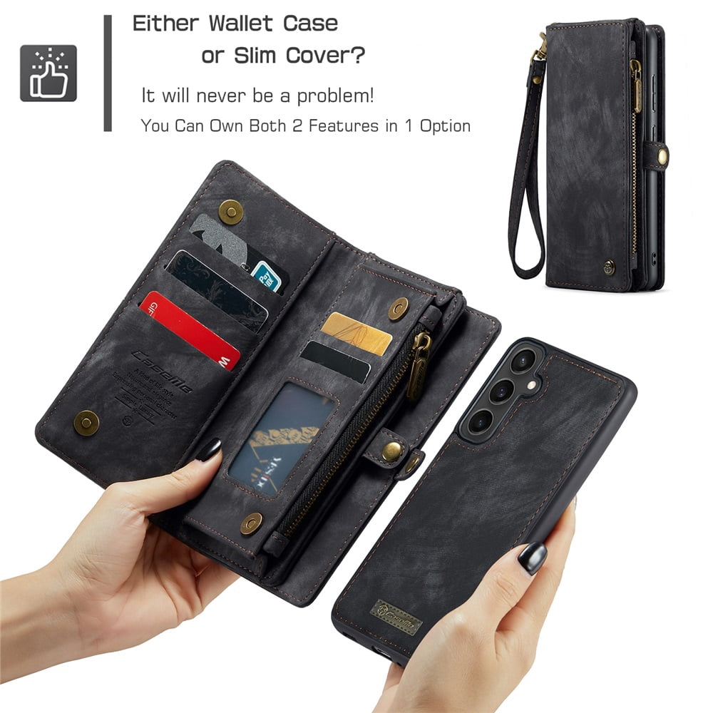 CaseMe Leather Case for Samsung Galaxy S23 FE 5G,2 in 1 Detachable Wallet Case with 8-Card Holder Zipper Bills Slot,Magnetic Shockproof Flip Leather Cover Zipper Pocket Phone Cases,Black