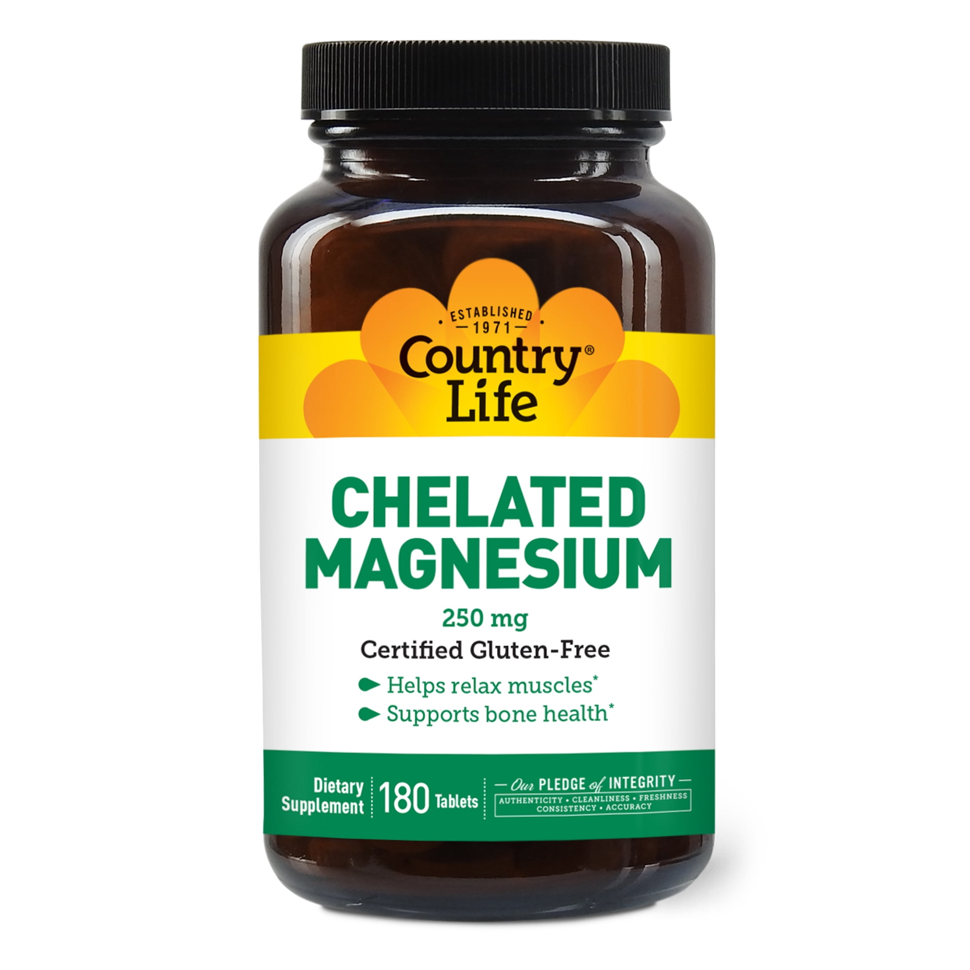 Country Life Chelated Magnesium 250 mg, 180 Tablets | Helps relax muscles and supports bone health; vegan and certified gluten-free